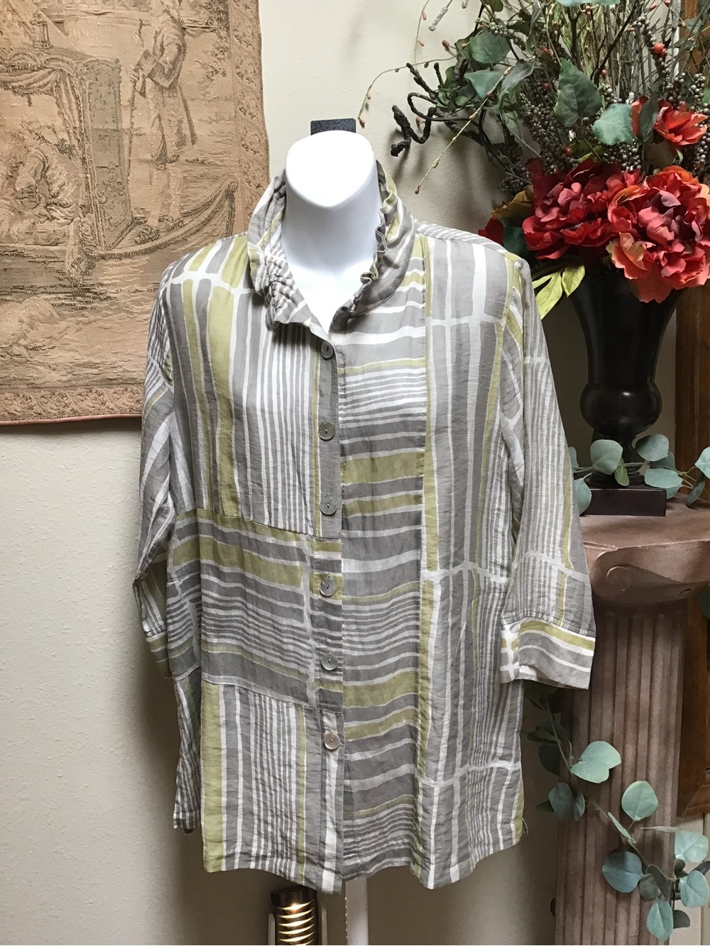 Striped Button-Up Tunic in Gray and Olive